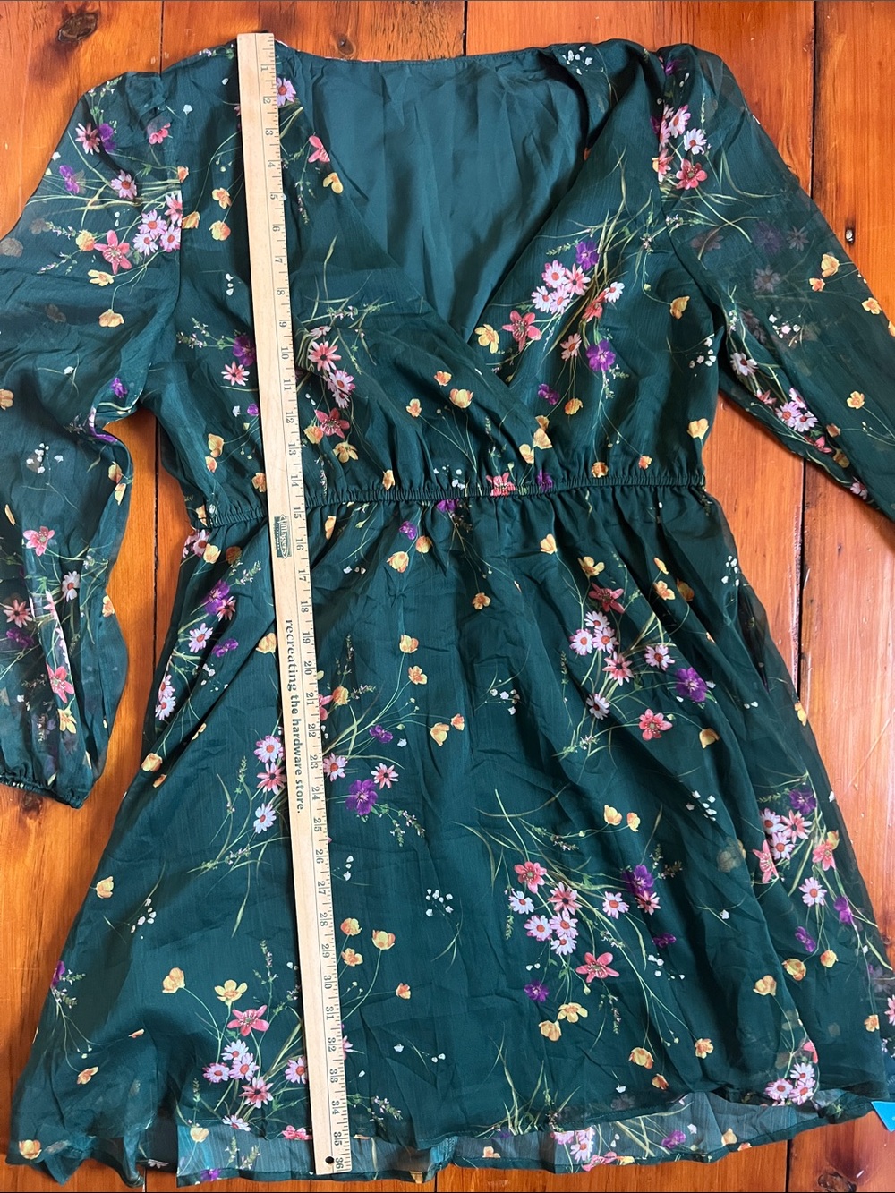 Cupshe Teal Green Floral Long-Sleeve V-Neck Dress - Picture 3 of 5